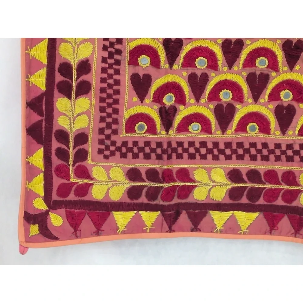 VTG Mirror Work Wall Hanging Embroidered Pink Red Hearts Tapestry India 32